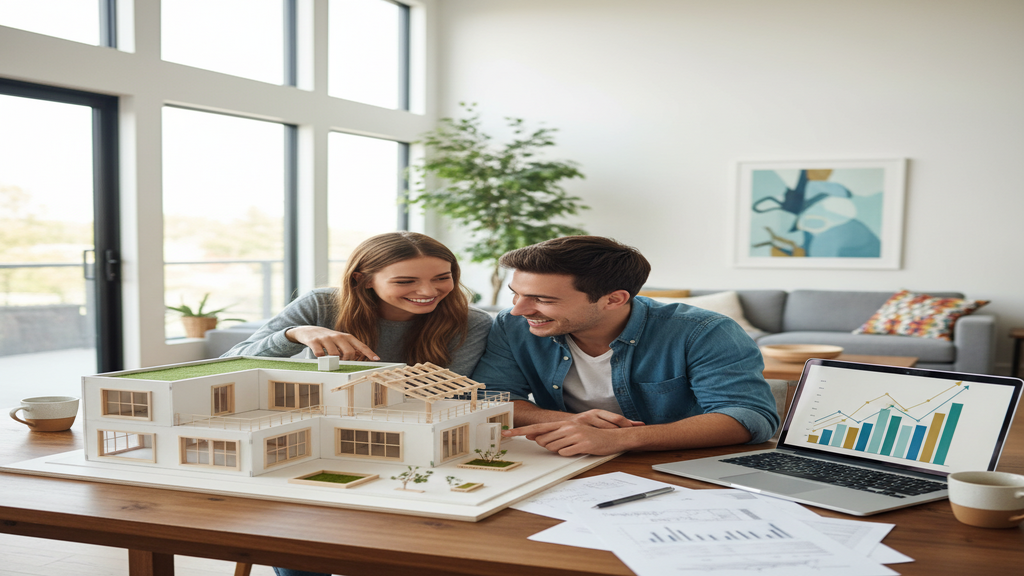 Un couple souriant étudiant un dossier de crédit immobilier avec des clés de maison
